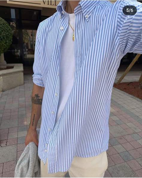 Light Blue Striped Shirt Outfit, Striped Blue Shirt Outfit, Blue Striped Shirt Outfit Men, Men Linen Outfit Summer, Striped Shirt Outfit Men, Blue Shirt Outfit Men, Colorful Mens Fashion, Old Money Elegant, Blue Striped Shirt Outfit