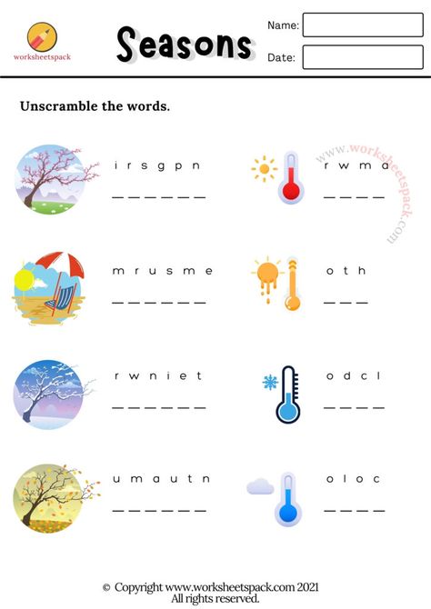 4 Seasons Worksheets For Kids, Season Worksheets For Kids, Seasons Worksheets For Kids, Spring Worksheets, Seasons Worksheets, Unscramble Words, Test For Kids, Summer Worksheets, Weather Words