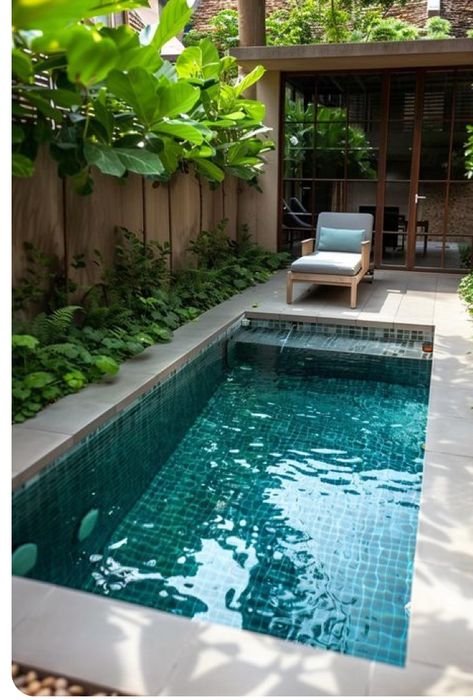 Mini Swimming Pool At Home, Tropical Plunge Pool, Small Plunge Pool Ideas, Tiny Backyard Pool, Dipping Pool Small Backyard, Small Outdoor Pool Ideas, Small Space Pool, Mini Pools For Small Yards, Tiny Pools For Small Yards