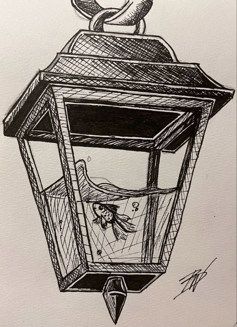 Fish trapped in a lantern fast sketch ink drawing fine lines black and white Fineline Pen Art, Lantern Reference Drawing, Simple Pen Sketches Aesthetic, Water Sketch Pen, Lantern Fish Drawing, Drawings To Do With Pen, White Doodle Aesthetic, Black Pen Drawing Doodles, Easy Pen Sketches Ideas