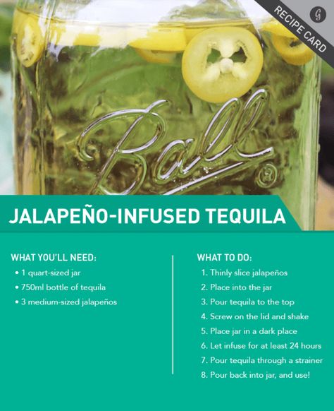 Jalapeño-Infused Tequila Jalapeño Tequila, Recipes Jalapeno, Infused Cocktails, Dessert Cocktails, Infused Tequila, Infused Liquors, Tequila Recipe, Homemade Alcohol, Recipe For Teens