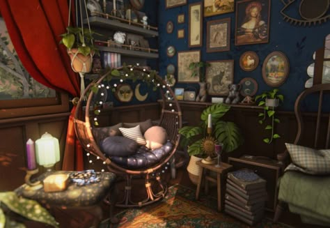 🔮🌙 I felt like making a small space with whimsical? mystical? Vibes 🤏🏼 I tagged some creators on the pictures. If you're reading this, thank you for your wonderful CC, I love your work!! 💘 Sims 4 Fairy Lights Cc Patreon, Sims 4 Sink Cc, Sims 4 Off The Grid Cc, Sims Cc Room, 90s House Decor, Ts4 Interior, Sims Bedroom, Sims Room, Sims Rooms