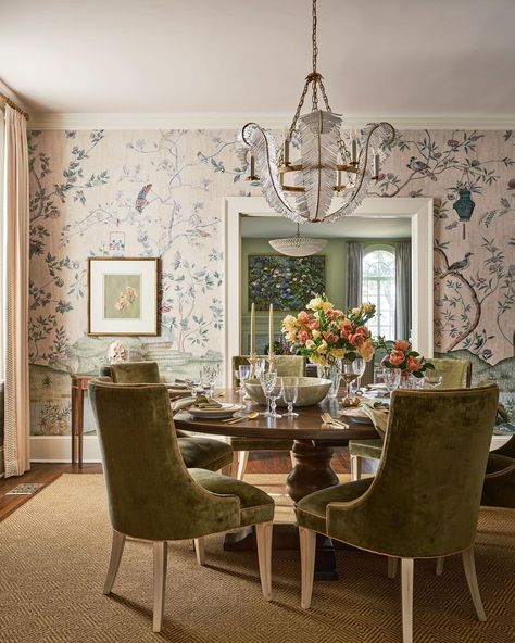 Tori Rubinson Interiors on Instagram: “This room started with the @iksel_decorative_arts wall-covering from @schumacher1889. I loved the soft ground and the deep jewel tones…” Green Chinoiserie Wallpaper, Green Velvet Dining Chairs, Tori Rubinson, Green Chinoiserie, Neutral Dining Room, Dining Room French, Classic Dining Room, Dining Room Cozy, Park Hill