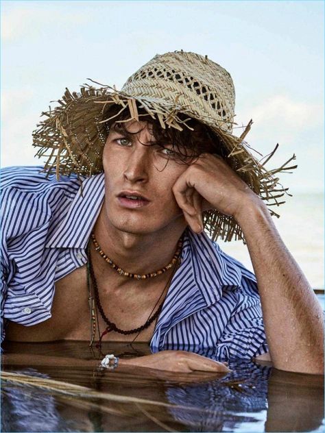 Mens Beach Hats, Beach Fashion Editorial, Mens Beach Style, Mens Straw Hats, Beach Editorial, Swimsuits Photoshoot, Surfer Boy, Mens Hats Fashion, Male Models Poses