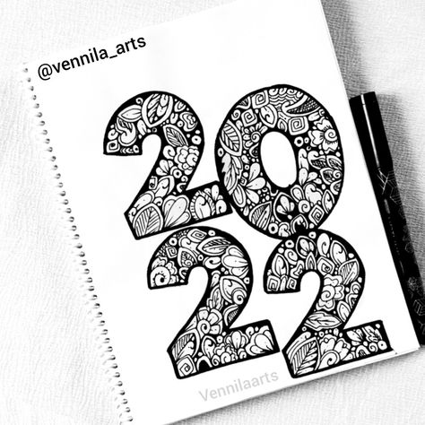 New Year Mandala Art Happy New Year 2024 Mandala Art, Happy New Year Mandala Art, New Year Mandala Art, New Year's Drawings, Art Step By Step, 2022 Happy New Year, Doddle Art, Zentangle Pattern, Pencil Drawings Of Animals