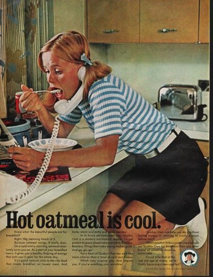 1966 Quaker Oats Ad "Hot oatmeal is cool" | Vintage Magazines ... Hot Oatmeal, Quaker Oatmeal, Quaker Oats, Oats Quaker, Old Advertisements, Retro Advertising, Retro Ads, On The Phone, Retro Recipes