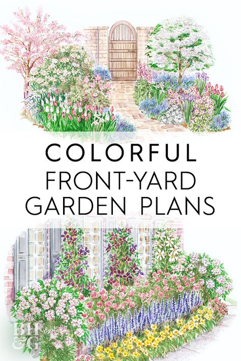 Looking for a colorful front-yard garden plan? Check out our favorite front-yard garden plans here. #gardenplans #gardenplanslayout #gardenlayout #project #printablegardenplan #landscape #bhg Front Yard Landscape Plans Layout, Flower Garden Ideas In Front Of House Landscaping Perennials, Yard Plans Layout Design, Perrenial Landscaping Front Yards, Small Front Yard Flower Garden, Perennial Cottage Garden Plans, Front Yard Garden Plans Layout, Front Garden Bed Landscaping, Landscape Design Plans Front Yard