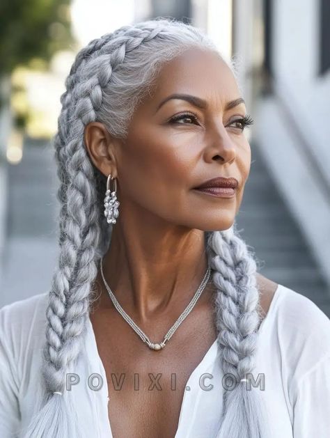 36 Braids for Women Over 50: Hairstyles for Older Women Including Knotless Styles and Trendy Looks Gray Hair Styles For Women Over 50, Gray Hairstyles For Black Women, Braids For Older Black Women Over 50, Grey Braids, Grey Hair Braids, Silver Haired Beauties, Gorgeous Gray Hair, Grey Hair Inspiration, Hair Mistakes