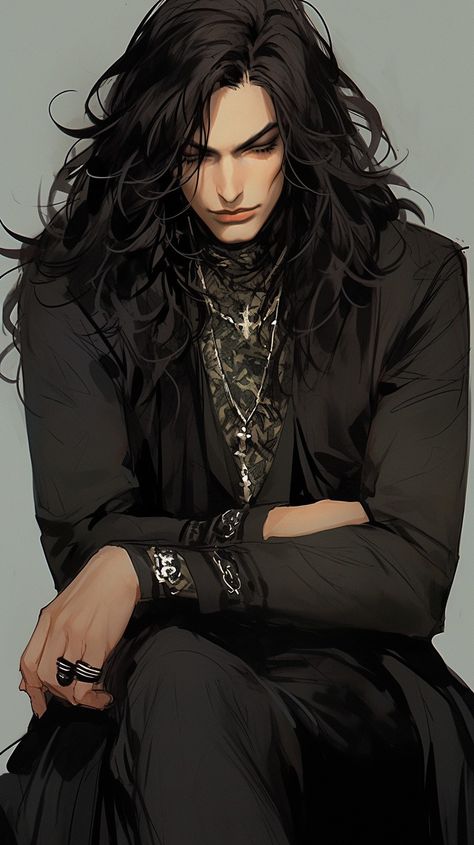 Fantasy Male Long Hair, Long Haired Guy Art, Vampire Long Hair Man, Undead Warlock Dnd, Vampire Male Oc, Male Vampire Art, Long Hair Male Character Design, Disheveled Man, Victorian Character Design