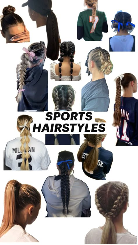 Sports hairstyle variations for netball,basketball,volleyball,soccer,baseball,and tennis for girls Soccer Girl Hairstyles, Cute Up Hairstyles, Football Hairstyles, Casual Hairstyles For Long Hair, Cute Volleyball Hairstyles, Cute Sporty Hairstyles, Football Hair, Running Hairstyles, Soccer Hairstyles