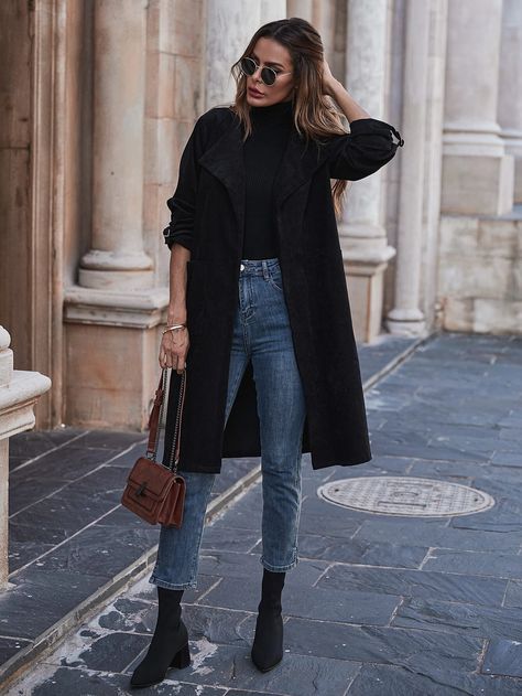 Roll Up Sleeve Dual Pockets Trench Coat | SHEIN How To Style Black Trench Coat, Black Overcoat Outfit, Black Trench Coat Outfit, Winter Outfit Black, Black Coat Outfit, Trench Outfit, Capsule Wardrobe Women, Black Trench Coat, Trench Coat Outfit