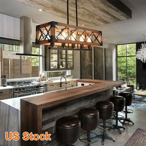 Industrial Kitchen Design, Island Bar, Farmhouse Kitchen Island, Edison Bulbs, Modern Kitchen Design Luxury 2020, Modern Kitchen Design Open Concept, Kitchen Island Lighting Pendant, Retro Industrial, Modern Kitchen Design Luxury