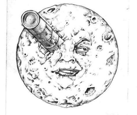 Moon Face Moon With Rocket In Eye Tattoo, Moon Face Drawing, Moon Face Tattoo, Pumpkin Tattoos, A Trip To The Moon, Hugo Cabret, Pumpkin Moon, Pumpkin Tattoo, George Melies