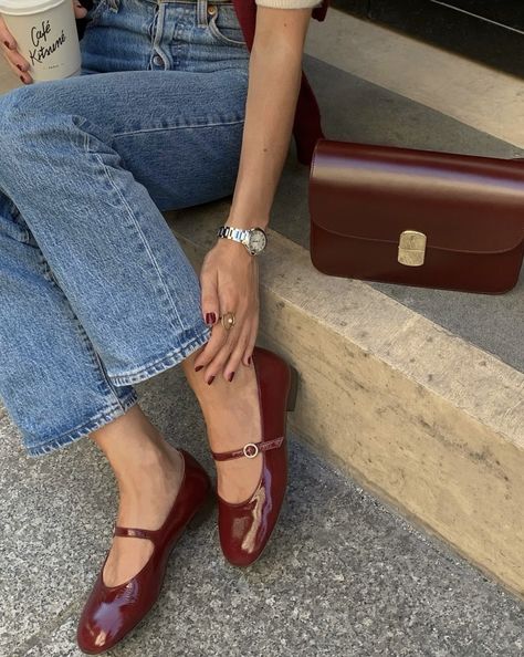 Burgundy Ballerinas Outfit, Cherry Red Flats Outfit, Maroon Flats Outfit, How To Style Ballet Flats 2024, Burgundy Ballet Flats Outfit, Ballet Night Outfit, Cherry Red Shoes Outfit, Burgundy Mary Janes Outfit, Burgundy Mary Janes