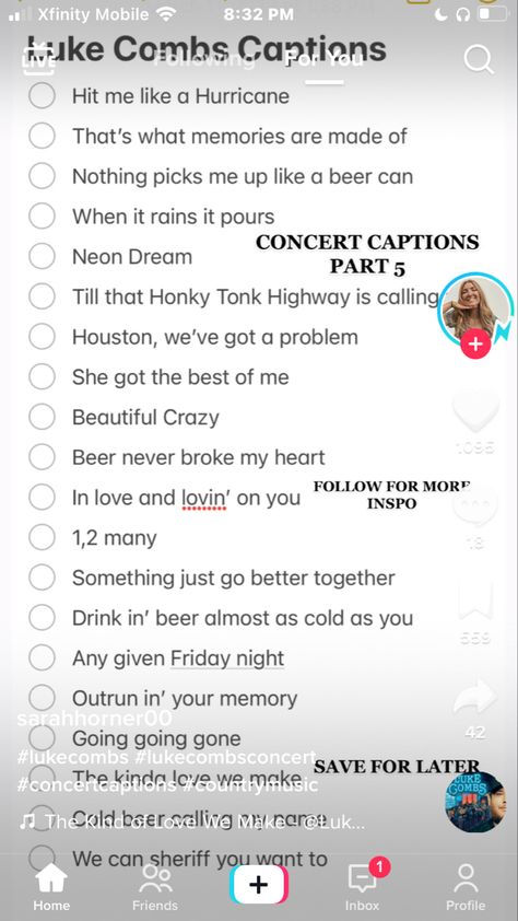 Outfit For Luke Combs Concert, Tyler Childers Captions, Luke Bryan Concert Captions, Cody Johnson Captions, Country Song Graduation Quotes, Luke Combs Concert Captions, Country Girl Captions Instagram, Cody Johnson Instagram Captions, Luke Combs Song Quotes