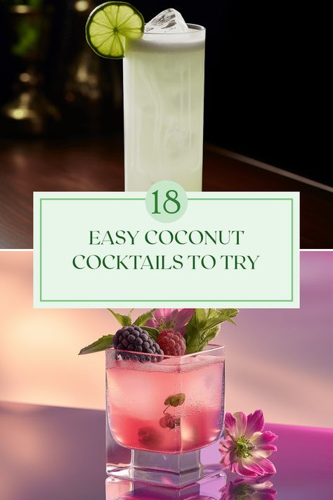 Discover a collection of 18 fabulous coconut cocktails you can whip up in just minutes. Whether you're in the mood for something classic like a fresh Pina Colada or wanting to experiment with the tropical flavor of The Drunk Ghost, you’ll find exciting recipes for every palate. Blend delicious ingredients like coconut rum, coconut cream, and unique twists that combine flavors such as elderflower or botanical notes from gin Cocktails With Coconut Rum, Coconut Rum Cocktail Recipes, Cocktails With Coconut Cream, Coconut Milk Cocktail Recipes, Coconut Mocktail Recipes, Coconut Tequila Recipes, Coconut Rum Drinks Recipes, Coconut Vodka Drinks, Coconut Vodka Cocktails