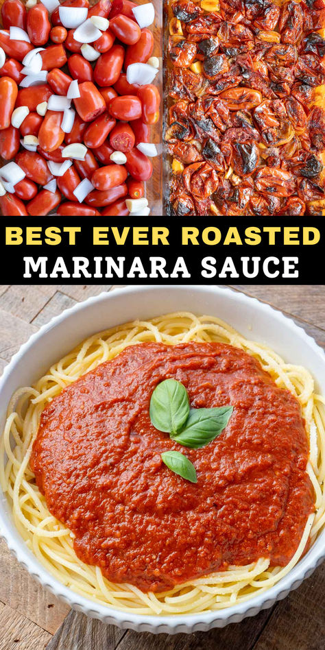 This delicious Roasted Tomato Sauce is easy to make from scratch! You’ll love this versatile homemade sauce recipe with mozzarella sticks, over pasta, in casseroles, and more. Tomato Canning Recipes Pasta Sauces, Diy Red Pasta Sauce, Homemade Pasta Sauce Roma Tomatoes, Homemade Roasted Spaghetti Sauce, Roma Tomatoes Spaghetti Sauce, How To Make Pasta Sauce With Tomatoes, Marinara Sauce Homemade Fresh Tomatoes Roasted, Roasted Tomato Spaghetti Sauce Homemade, Roasted Garlic Marinara Sauce