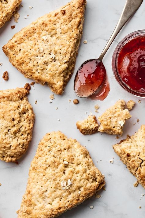 Buttery and made moist thanks to a secret ingredient, these oat scones are a Scottish-ish riff on everyone’s favorite breakfast treat. Oat Scones Recipe, Baking With Yogurt, Breakfast Pastry Recipes, Oatmeal Scones, Oat Scones, Best Scone Recipe, Homemade Raspberry Jam, How To Make Scones, The Modern Proper