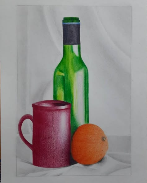 Still life drawing of a glass bottle,mug and orange 🍊 Live Object Drawing, Watercolor Still Life Objects, Object Drawing Simple, Still Life Watercolor Paintings, Easy Still Life Painting, Still Life Drawing Ideas, Still Life Ideas, Ink Shading, Crafts For Girlfriend