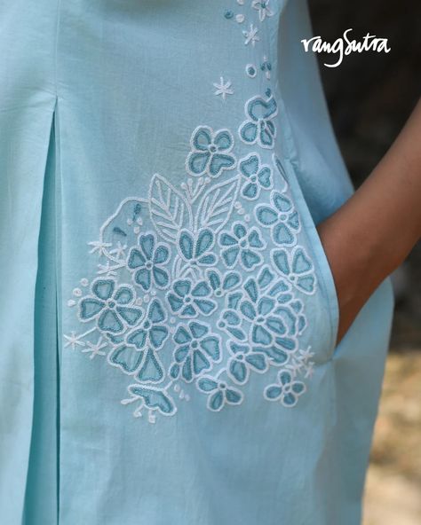 Perfect for warm days ahead, our Nargis collection is designed to keep you comfortable and stylish all summer long. Crafted in breathable cotton, the airy fabric and the soft pastel hues make it an ideal choice for those sunny days. The intricate crewel embroidery adds a delicate touch to this light and breezy collection making it an absolute must-have for your summer wardrobe. Pick your favourite and style with Nargis by Rangsutra this summer. Shop now on www.rangsutra.com. Link in bio. ... Dupatta Designs Ideas, Pocket Styles, Hand Embroidery Dress, Embroidery On Kurtis, Kurti Embroidery Design, Suit Pattern, Types Of Stitches, Dress Design Patterns, Embroidery Stitches Tutorial