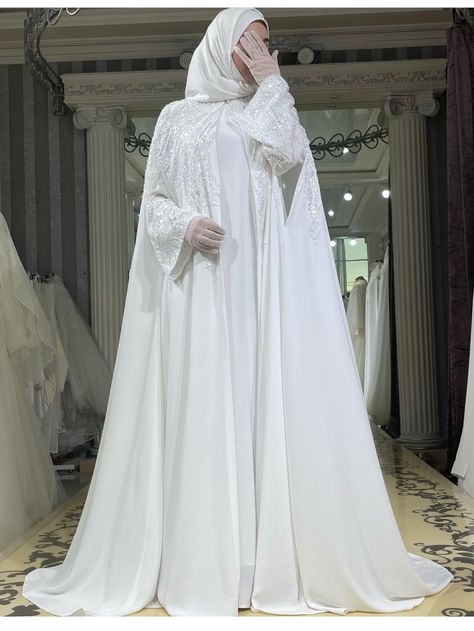 Wedding Abaya Bridal Collection, Jilbab Wedding Dress, Bridal Abaya Hijab Bride, Nikkah Abaya Aesthetic, Nikkah Abaya White, White Abaya Wedding, Muslimah Wedding Dress Simple, Modest Wedding Dresses Hijab, Wedding Abaya Design