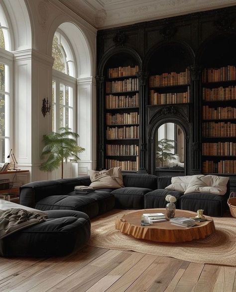 Modern Dark Academia Home Decor, Living Room Modern Victorian, Modern Dark Academia Living Room, Moody House Interiors, Dark Academia Furniture, Living Room Dark Academia, Dark Grey Room, Dark Victorian House, Dark Library Aesthetic