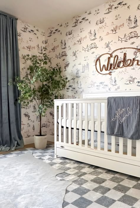 (boys room wallpaper, organic modern kids room, organic modern wall art, scandi kids room, boys wallpaper ideas, neutral wallpaper, removable Vintage Cowboy Nursery, Cowboy Wallpaper, Scandi Wallpaper, Calming Nursery, Cowboy Room, Cowboy Nursery, Checkered Area Rug, Western Nursery, Scandi Interior