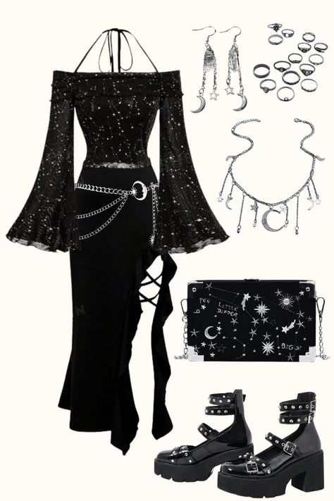 Goth Outfit, Black Aesthetic, Goth Cottagecore Outfit, Witch Outfit, Goth Fashion, Stars Aesthetic, Universe Aesthetic, Moon Aesthetic, Constellation Aesthetic.✨ Constellation Aesthetic, Aesthetic Universe, Universe Aesthetic, Goth Cottagecore, Stars Aesthetic, Cottagecore Outfit, Aesthetic Moon, Goth Outfit, Aesthetic Goth