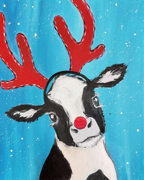 Couples Christmas Painting Ideas, Fun Christmas Paintings On Canvas, Christmas Painted Canvas, Christmas Movie Paintings, Cow Christmas Painting, Easy Christmas Canvas Paintings Simple, Christmas Cow Painting, Easy Winter Paintings, Christmas Paint Night