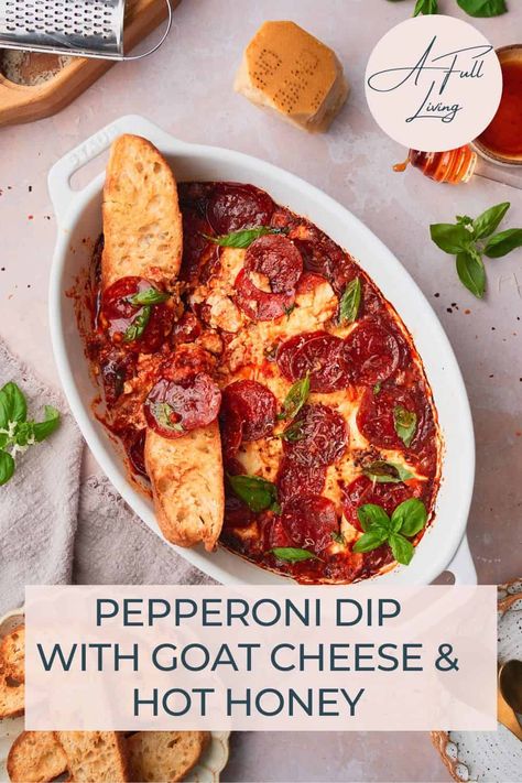 This delicious baked Pepperoni Pizza Dip is made with a base of creamy seasoned goat cheese, and drizzled with tons of hot honey! We add plenty of fresh basil and parmesan cheese for a sweet, savory, and spicy appetizer that comes together in 30 minutes with little effort! Serve it with bread or toasted ciabatta for the perfect party snack. Hot Honey Pizza Dip, Goat Cheese Honey Appetizer, Hot Honey Goat Cheese Dip, Hot Honey Cheese Dip, Hot Honey Goat Cheese, Hot Honey Dip, Hot Honey Pepperoni Pizza, Pepperoni Appetizers, Spicy Dip Recipes