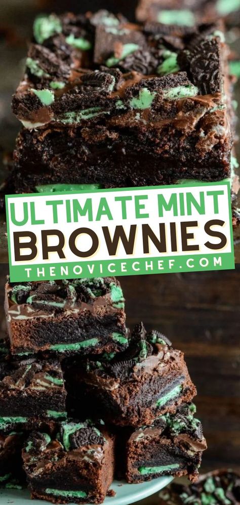 Ultimate Mint Brownies, st. patrick's day food, dessert recipes Brownies With Andes Mints, St Patrick’s Day Mint Brownies, Mint Chip Brownies, Mint Baked Goods, St Patricks Day Brownie, Mint Oreo Cookie Recipes, St Patrick Brownies, Chocolate Mint Brownies Recipe, Mint Oreo Dessert Recipes