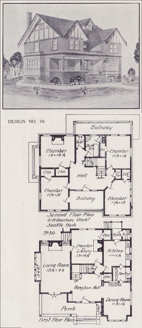 Tudor House Plan - Seattle Vintage Residential Architecture - 1908 Western Home Builder - Design No. 50 - Victor W. Voorhees Tudor Style Home Floor Plans, Vintage 4 Bedroom House Plans, Vintage Tudor House Plans, Tudor Style Homes Floor Plans, Tudor Home Floor Plans, Tudor Balcony, Gothic House Plans, Tudor House Plans, Vintage Floor Plans