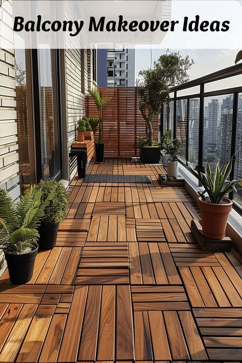 Revamp your balcony’s look by replacing or covering old flooring. Wooden interlocking deck tiles or outdoor rugs can add warmth and style. Covered Balcony Ideas, Balcony Tiles Floors, Balcony Makeover Ideas, Balcony Tiles, Wood Deck Tiles, Balcony Floor, Balcony Makeover, Condo Balcony, Flat Interior Design