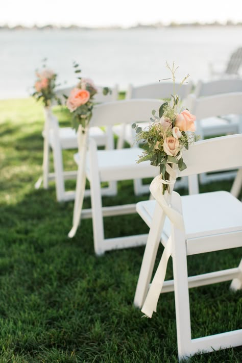 Chair Bouquet Wedding, Flowers On Ceremony Chairs, Walkway Flowers Wedding, Wedding Ceremony Chair Flowers, Wedding Chair Flower Decor, Ceremony Chair Flowers, Aisle Flowers Wedding Walkways, Chair Flowers Wedding, Ceremony Chair Decor