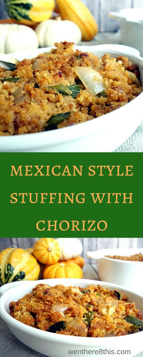 Chorizo Stuffing Recipes, Mexican Stuffing Recipes, Jalapeno Stuffing Thanksgiving, Stuffing With Chorizo, Spicy Thanksgiving Recipes, Mexican Christmas Side Dishes, Spicy Stuffing Thanksgiving, Corn Bread Stuffing Recipes, Chorizo Cornbread Stuffing