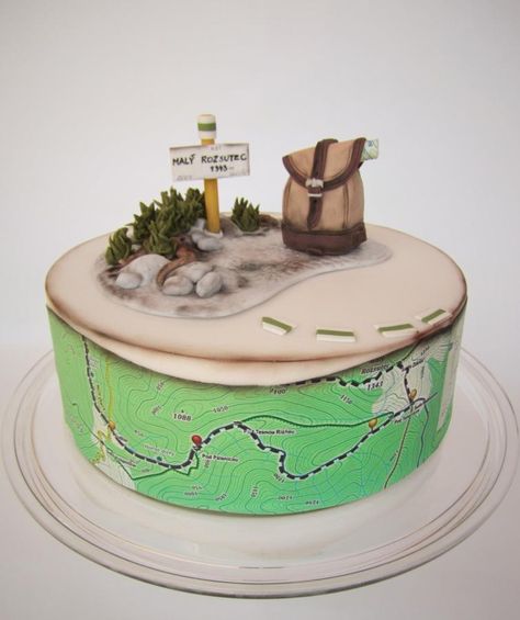 birthday cake for a passionate tourist - Cake by daruj tortu Walking Birthday Cake, Walking Cake, Retirement Party Cakes, Mountain Cake, Camping Cakes, Travel Cake, Birthday Cake For Him, 60th Birthday Cakes, Walking Trail