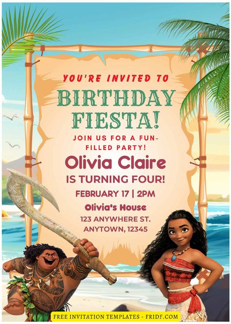 (Free Editable PDF) Summer Fiesta With Moana Birthday Invitation Templates Moana Invitation Card, Moana Birthday Invitation Template Free, Moana Invitation Template, Moana Birthday Invitation Template, Moana Film, Moana Editable Invitation, Moana Invitation, Moana Birthday Invitation, Moana Theme