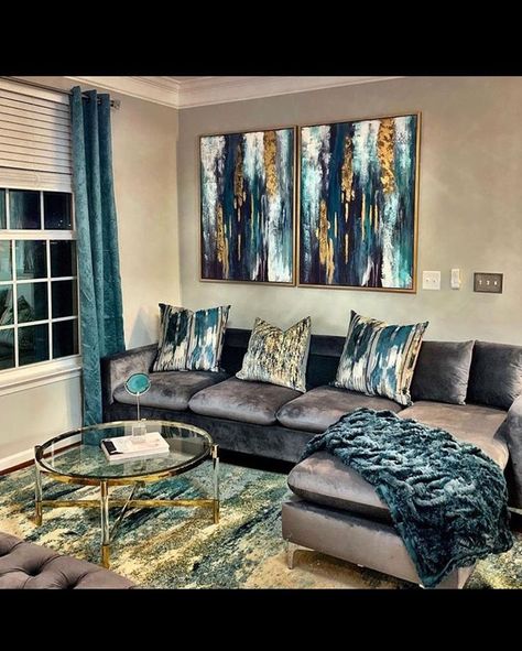 Loving the teal, gray and gold combo!! How about you?!💖 : Follow @mrstylovesdecor for decor inspiration💫 : : 📷 Pinterest (DM IF THIS PIC IS… Teal Living Room Decor, Teal Home Decor, Teal Living Rooms, Interior Simple, Blue Living Room Decor, Living Room Decor Gray, Gold Living Room, Glam Living Room, Living Room Color Schemes