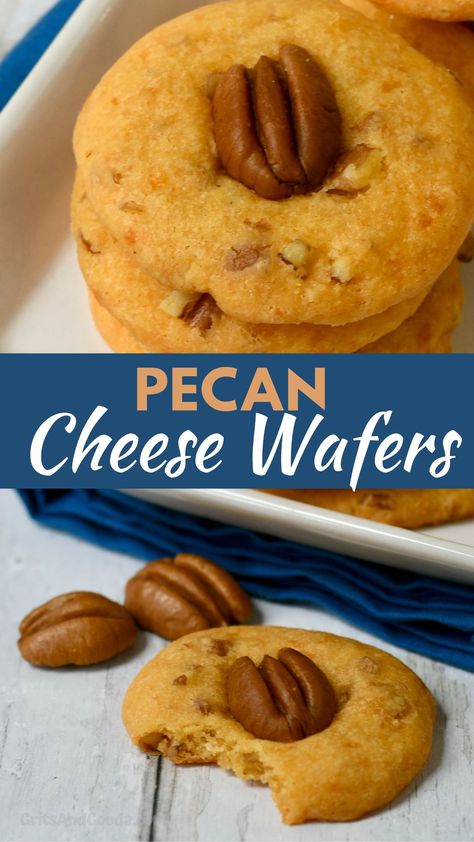 Cheese Wafers with Pecans is a shortcut recipe for Cheddar cheese crackers with chopped pecans stirred in the dough and crowned with a whole pecan on top! These cheese pecan wafers taste like a cross between the traditional Southern cheese straw and a pecan-covered cheese ball. Cheese Pennies Recipe, Cheese Straws Easy, Cheese Wafers Recipe, Holiday Appetizer Ideas, Recipe With Pecans, Wafers Recipe, Cheese Wafers, Cheese Straw, Cheese Straws Recipe