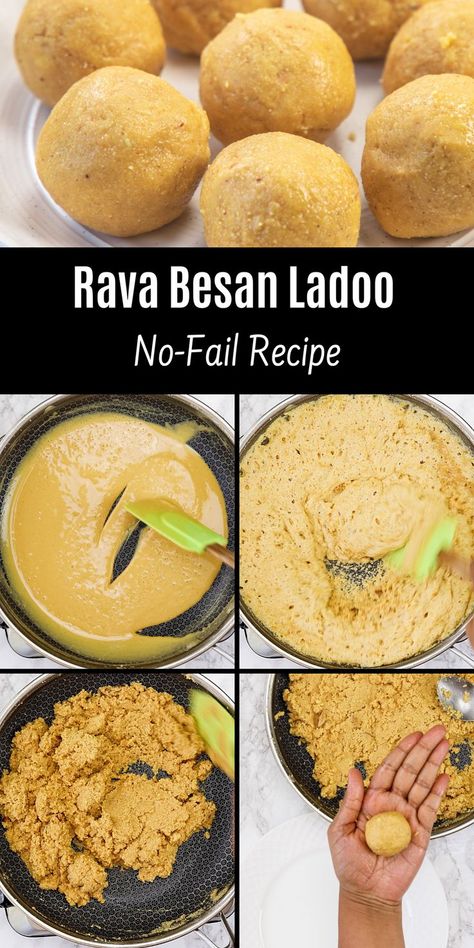 Rava besan ladoo is a delicious Maharashtrian sweet and is made during festivals like Ganesh Chaturthi, Diwali, etc. These are similar to besan ladoo but with slightly different texture. Besan Ladoo Recipes, Bangladeshi Sweets, Diwali Faral, Motichoor Ladoo, Laddoo Recipe, India Recipes, Indian Mithai, Hebbars Kitchen, Diwali Recipes