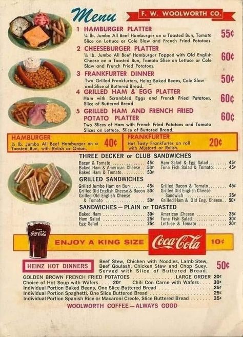 1960s Food, Heinz Baked Beans, English Cheese, Diner Menu, French Fried Potatoes, 50s Diner, Grilled Ham, Vintage Menu, Retro Diner