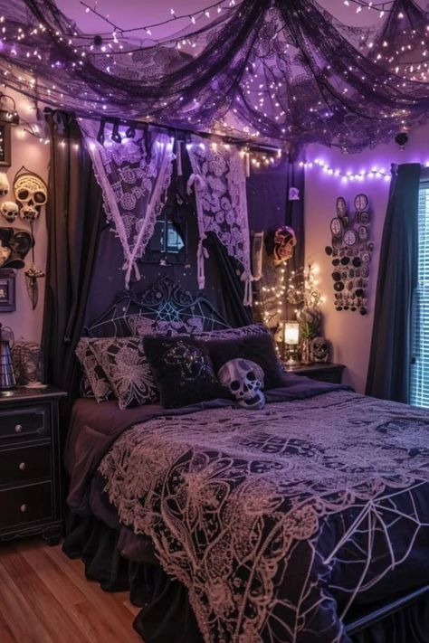 Goth Witch Bedroom Aesthetic, Dark Boho Goth Decor, Dark Goth Bedroom Aesthetic, Bedroom Ideas Witch Aesthetic, Gothic Home Decor Diy Bedroom, Goth Apartment Decor Bedroom, Goth Home Decor Diy Bedroom, Dark Colors Bedroom, Girly Gothic Bedroom