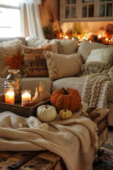 Cozy Fall Living Room, Thanksgiving Decor Ideas, Fall Apartment Decor, Autumn Living Room, Amazon List, Decorate For Fall, Cosy Autumn, Fall Coffee Table, Spooky Home Decor