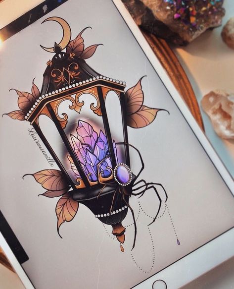 Tattoo Lantern, Neotraditional Tattoo Design, Crystal Spider, Lantern Tattoo, Neotraditional Tattoo, Crystal Tattoo, Kunst Tattoos, Tattoo Zeichnungen, Spiritual Tattoos