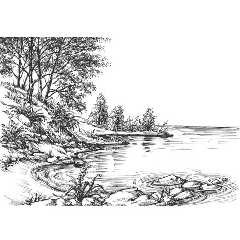 Water Sketch, Landscape Drawing Tutorial, Album Decor, Diy Silicone, La Rive, River Bank, Lake Landscape, Sketch Inspiration, Class 10