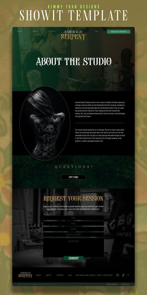 Edgy brand, bold aesthetic for a tattoo studio or shop, web page design for Showit. Tattoo artist branding and portfolio. Dark Theme Portfolio Website Design, Tattoo Website Design Inspiration, Goth Website Design, Tattoo Website Design, Edgy Website Design, Established Tattoo, Tattoo Artist Portfolio, Edgy Website, Black Ink Tattoo