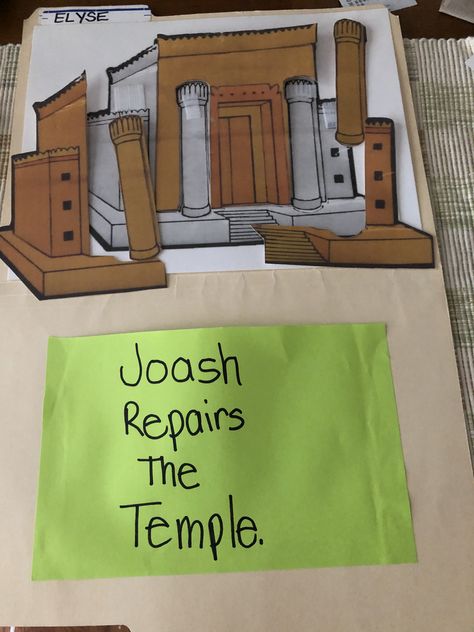 Cut the temple into (5) pieces. As students answered the review questions on the lesson they got to place the colored picture on the black on white picture to complete the "rebuild". Used velrco to hold in place Joash Repairs The Temple Craft, Zerubbabel Rebuilds The Temple Craft, Joash Bible Craft, Temple Craft, Temple Game, King Josiah, Journaling Printables, Bible Journaling Printables, Sabbath School