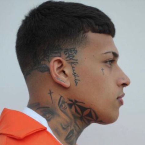 Small Head Tattoo Men, Small Face Tattoos, Hairline Tattoos, Men Fade Haircut Short, Face Tats, Behind Ear Tattoos, Side Neck Tattoo, Buzz Cut Hairstyles, Ear Tattoos