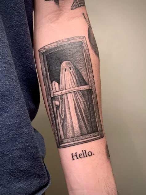 “Hello.” A Ghost Story by Nori Lockhart at Uptown Tattoo in Minneapolis, MN. : tattoos Ghost Holding Camera Tattoo, Midwest Gothic Tattoo, Two Ghosts Tattoo, Halloween Inspired Tattoos, Ghost Tattoo Ideas, Tattoo Ghost, Haunted House Tattoo, Ghost Tattoos, Gotik Tattoo