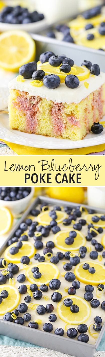 Lemon Blueberry Poke Cake - a light lemon yellow cake mix soaked with blueberry puree, lemon and sweetened condensed milk! Easy to make and so good! Lemon Blueberry Poke Cake, Blueberry Poke Cake, Blueberry Puree, Light Lemon Yellow, Cake Yellow, Diy Cakes, Weight Watcher Desserts, Lemon Frosting, Holiday Cake